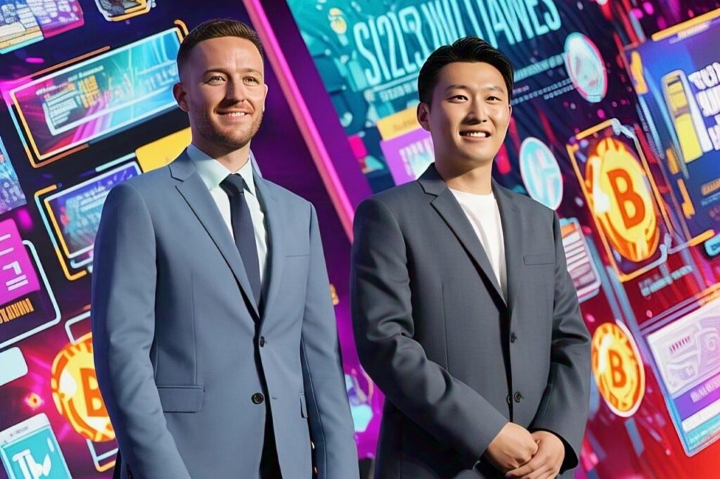 Portraits of Justin Sun and Star Xu with digital currency symbols.